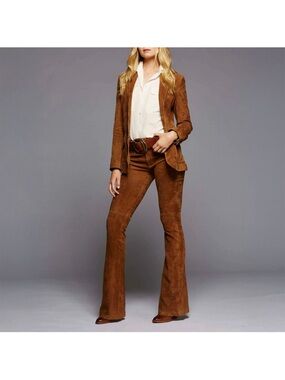 St. John Suede Leather calf Pants silk geometric print lining Made in Italy
